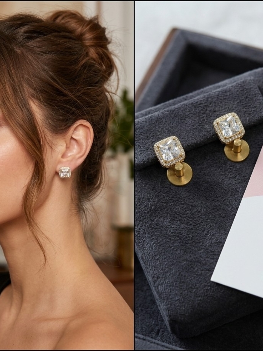 Elegant Rocksbox Gold Square Halo Stud Earrings With Clear Center Stones. NWT